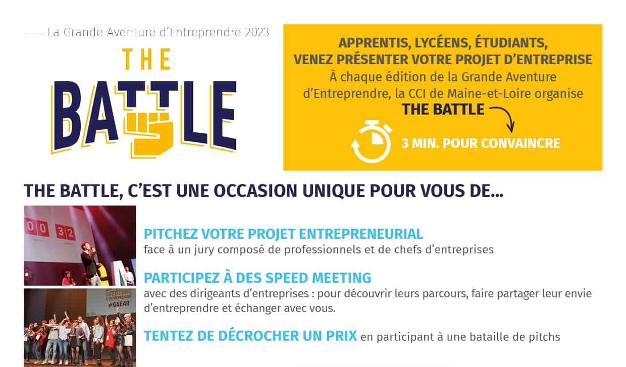 Les étudiants des établissements angevins sont invités à présenter leur projet d'entreprise dans le cadre de THE BATTLE le 08 juin prochain, évènement organisé par la CCI de Maine-et-Loire.